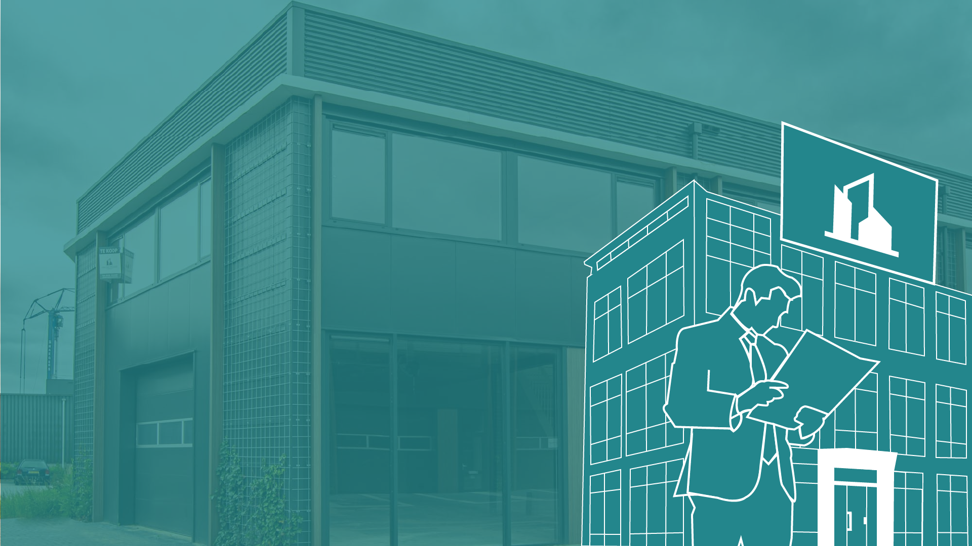 Headerafbeelding met modern bedrijfspand en grafische overlay van vastgoedbeheer. Ontdek hoe u de waarde van een bedrijfspand berekent met de kapitalisatiemethode. Leer meer over het kopen, investeren en waarderen van commercieel vastgoed.