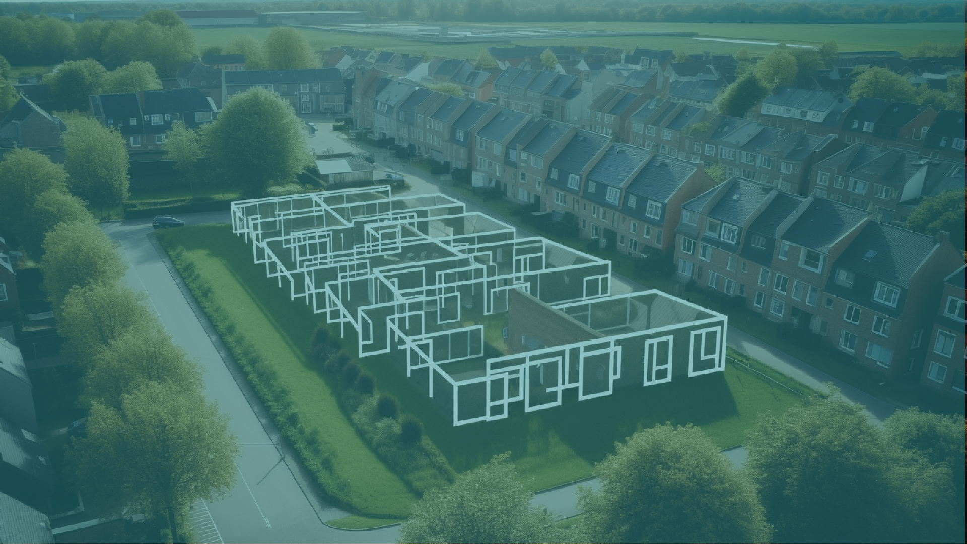 Visualisatie van een toekomstige woonontwikkeling door een vastgoedontwikkelaar met lijntekeningen van woningen op een groen perceel, omringd door bestaande woningen in een rustige woonwijk.