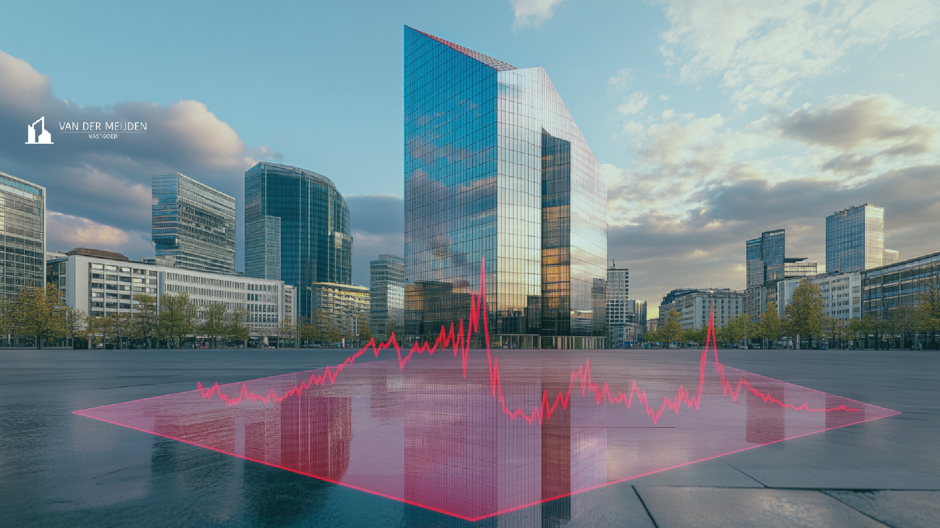 Moderne skyline met glazen kantoorgebouwen en een grafiek die vastgoedmarkttrends weergeeft, passend bij het thema 'Is vastgoed nog interessant?'. Perfecte visuele ondersteuning voor een artikel over de impact van de dalende rente op de vastgoedsector.