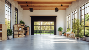 Modern en stijlvol interieur van een bedrijfspand in Eindhoven, met veel natuurlijk licht, houten accenten en een flexibele indeling, ideaal voor ondernemers.