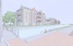 Impressie nieuwbouw Driebruggen met zorg en wonen – Schets van een levendige woonomgeving met appartementen, groenvoorzieningen en een kindvriendelijke opzet.