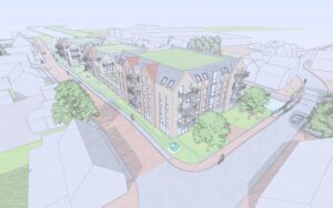 Nieuwbouw Driebruggen – eerste schetsen – Ontwerp van een modern wooncomplex in Driebruggen met appartementen, zorgwoningen en een leefbare buitenruimte.