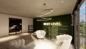 Visualisatie van het stijlvolle interieur van een modern bedrijfspand nabij Rotterdam, ingericht als kantoorruimte met eigentijds meubilair, ideaal voor ondernemers die een bedrijfspand willen kopen in Rotterdam.