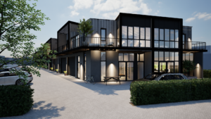 Exterieurbeeld van een moderne woning met kantoorruimte in Ede met grote raampartijen en privéparkeerplaatsen.